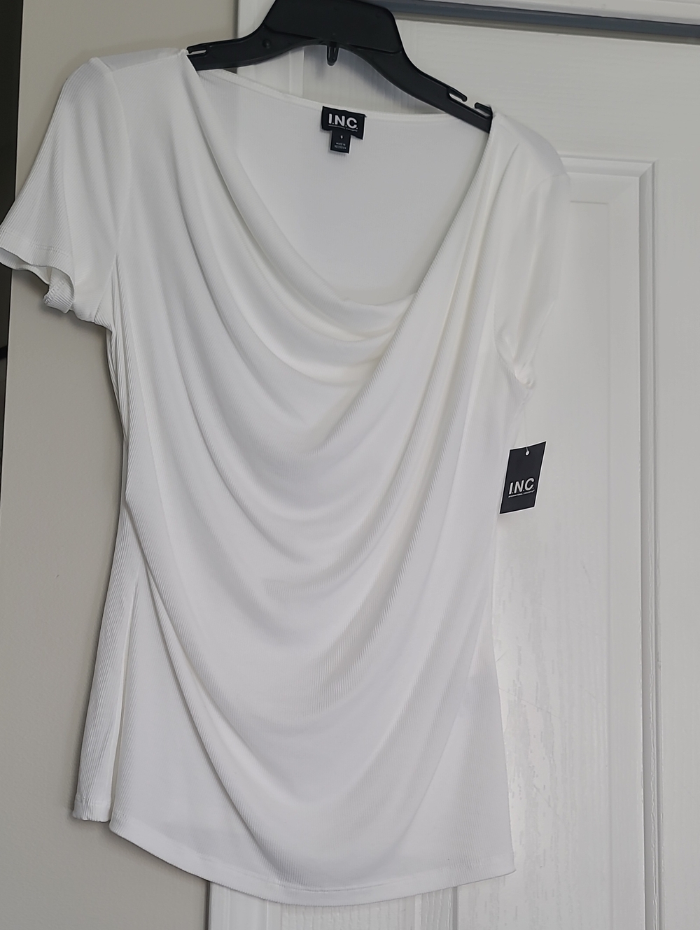 INC International Concepts White Draped Neck Short Sleeve Top